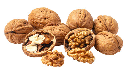 Group of whole and halved walnuts.  Close-up view.  Nuts are light brown, with visible ridges. Some halves show the light-tan interior