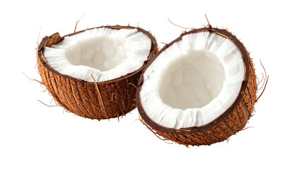 Two halves of a coconut, close-up.  The outer husk is a light brown, fibrous texture.  The inner flesh is a bright white.  A smooth, slightly glossy texture on the inside