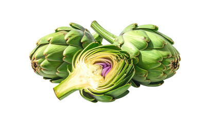 Close-up of three artichokes, one halved, showcasing vibrant green leaves and a pale yellow-purple heart