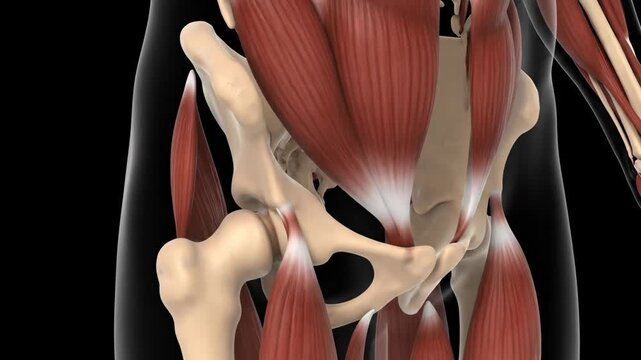 Detailed anatomical illustration of the human hip and pelvis musculature for medical study