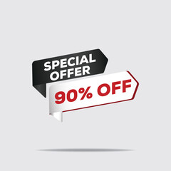 "3D red and black special offer label, 90% off discount tag, modern minimal sale design on white background"