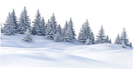 Snow covered pine forest isolated on a transparent background