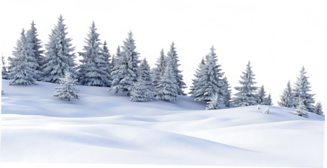 Snow covered pine forest isolated on a transparent background