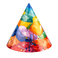 Colorful party cone hat with balloons and confetti
