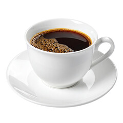 A steaming cup of black coffee in a white porcelain cup and saucer
