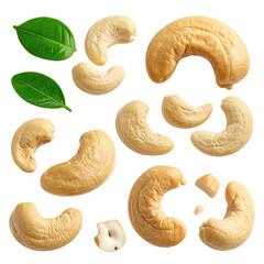 Cashews scattered, some whole, some broken, with fresh green leaves