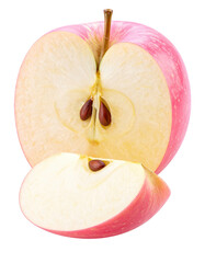 A halved apple, showcasing a vibrant pink skin and a pale yellow-white interior. Two segments are visible, with noticeable seeds in the core