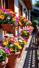 Terracotta flower pots overflowing with colorful blooms adorn a weathered wooden terrace, bathed in sunlight, balcony, outdoor, detail