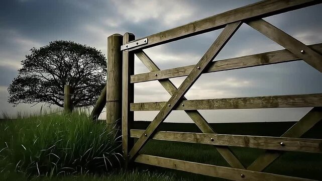 Weathered Wooden Gate Leading to Green Pasture Under Overcast Sky with Distant Deciduous Tree in Countryside Scene