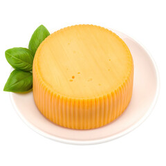 Round, orange cheese on a small plate, with basil leaves