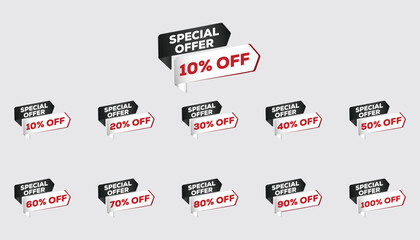 "3D discount sale labels illustration, digital art promotional tags, 10% off special offer bargain deal clearance shopping ecommerce marketing signage"