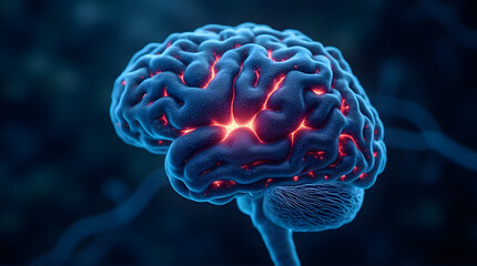 A 3D render of the human brain in dark blue tones with glowing red hot spots representing activity and synapses. This powerful visual is ideal for topics like intelligence, science, AI, mental health.