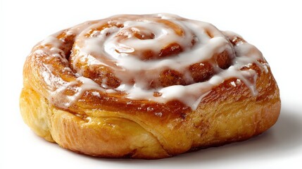 Fototapeta premium Deliciously swirled cinnamon roll with creamy frosting on a bright white background