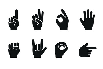 Hand gestures and sign language icon set. Vector black symbols of non-verbal communication