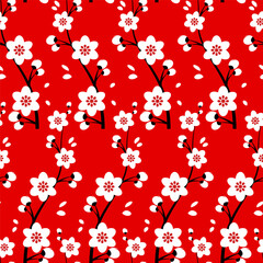 Seamless pattern of traditional Chinese sakura flowers on a branch on a red background