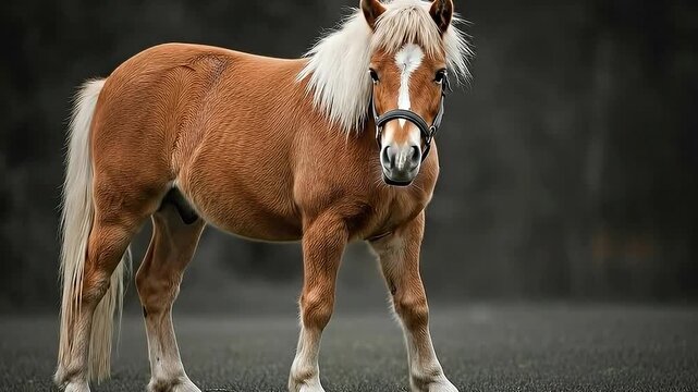 Chestnut Horse Portrait Standing on Grass Field with Gray Sky and Forest Background in Outdoor Setting, Natural Light