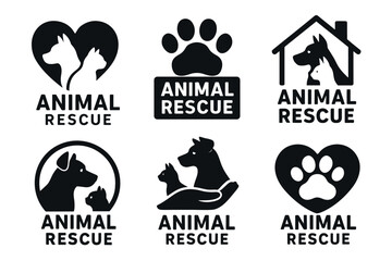 Animal rescue and pet adoption logo set. Vector black symbols of charity and animal care