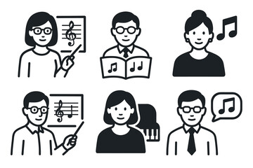 Music teacher and education icon set. Vector symbols of musical instruction
