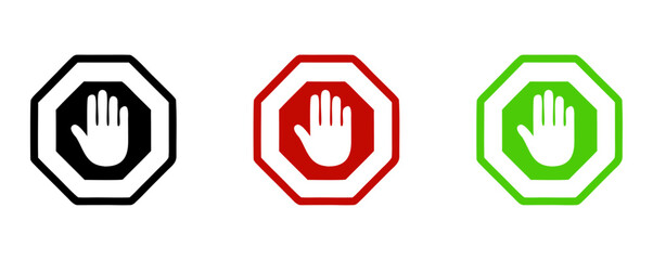 Three stylized stop hand signs in black red and green