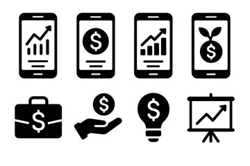 Mobile investment and fintech icon set. Vector black symbols of online banking and finance