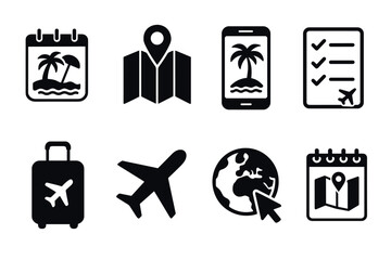 Travel and vacation planning icon set. Vector black symbols of booking and tourism