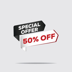 "3D rendered special offer 50% off discount sale sign, bold typography floating geometric shapes minimalist design"