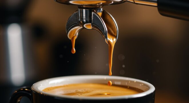 Espresso coffee pouring closeup