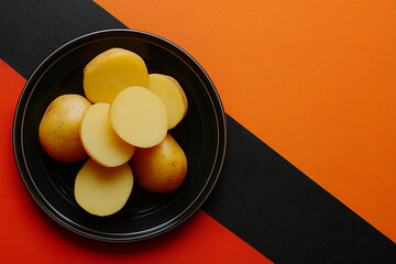 Boiled potatoes on black plate