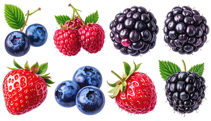 Close-up of various fresh berries, including blueberries, raspberries, strawberries, and blackberries.  Each berry is vibrant and detailed, with visible stems and leaves