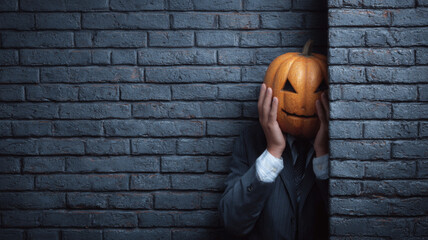 Businessman with a Jack-o'-lantern head peeking from behind a table, partial face and hands visible, playful Halloween concept