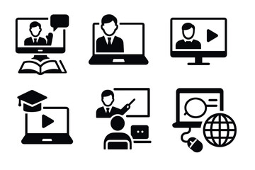 Online tutoring and e-learning icon set. Vector black symbols of distance education