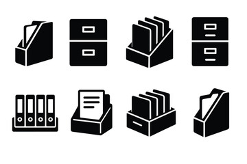 Office organizer and filing cabinet icon set. Vector black symbols of document storage