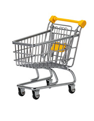Empty shopping cart, metallic gray, yellow handles