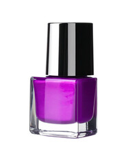 Purple nail polish in a clear, square bottle with silver cap