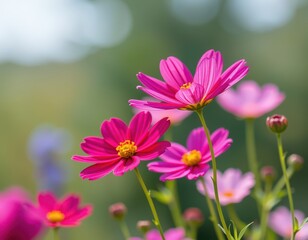 Obraz premium Delicate cosmos flowers sway gently in a soft summer breeze, petals unfurling in vibrant hues against a blurred background, plant, delicate, white