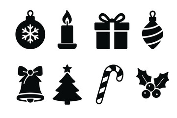 Christmas and holiday season icon set. Vector black symbols of festive decorations