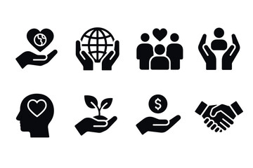 Social responsibility and ESG icon set. Vector black symbols of ethics and sustainability