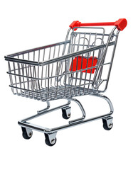 Empty shopping cart, metallic gray frame, red handles