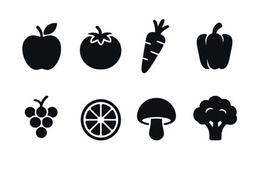 Fruits and vegetables icon set. Vector black symbols of healthy and organic food
