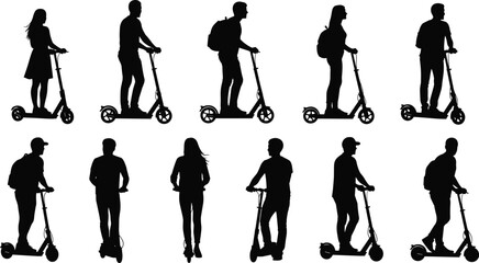 Electric scooter silhouette, people riding scooters, urban transport vector, eco friendly mobility, modern city commuting, black outline riders, lifestyle illustration © Its Morsed here
