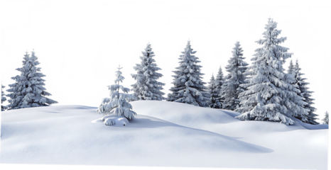 Snow covered pine trees isolated on a transparent background