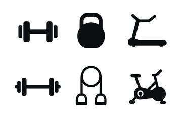 Gym and fitness equipment icon set. Vector black symbols of workout and exercise