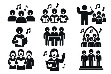 Choir and vocal group icon set. Vector black symbols of singing and musical performance
