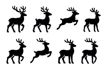 Fototapeta premium Reindeer and deer silhouette icon set. Vector black symbols of Christmas and wildlife