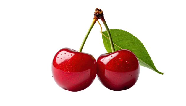 Two vibrant red cherries with a leaf