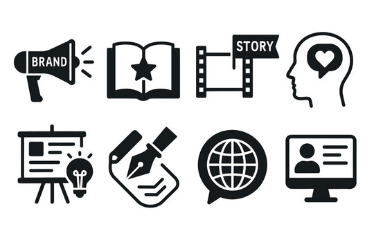 Brand storytelling and content marketing icon set. Vector black symbols of narrative and communication
