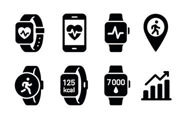 Fitness tracker and smartwatch icon set. Vector black symbols of wearable health technology