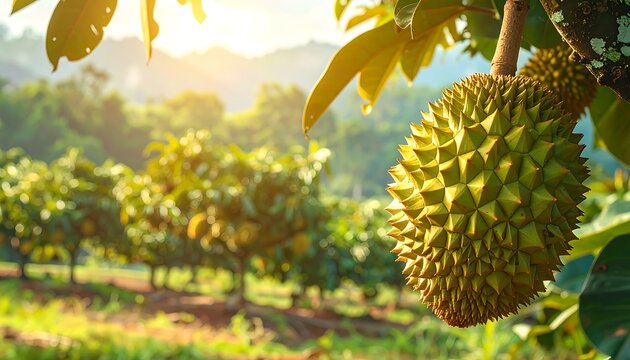 A beautiful close-up of durian fruit on a tree in a tropical orchard - Powered by Adobe