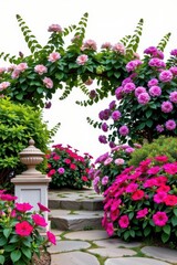 Serene stone garden with lush flowering bushes, isolated on white background, stone garden, minimalist