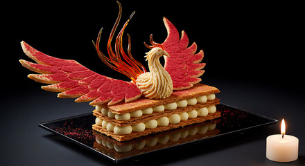 Mythical Phoenix Inspired Gourmet Dessert Featuring Red Sugar Wings Delicate Pastry Layers and Cream Filling on Black Plate Elegant Mythical Bird Confectionery for Luxury Dining and Celebration